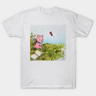 kitten reading in a meadow watercolor illustration T-Shirt